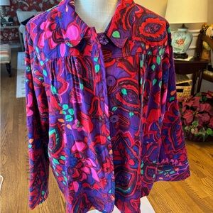 Choices women’s 2x Vibrant Paisley floral 3 button jacket denim artsy teacher